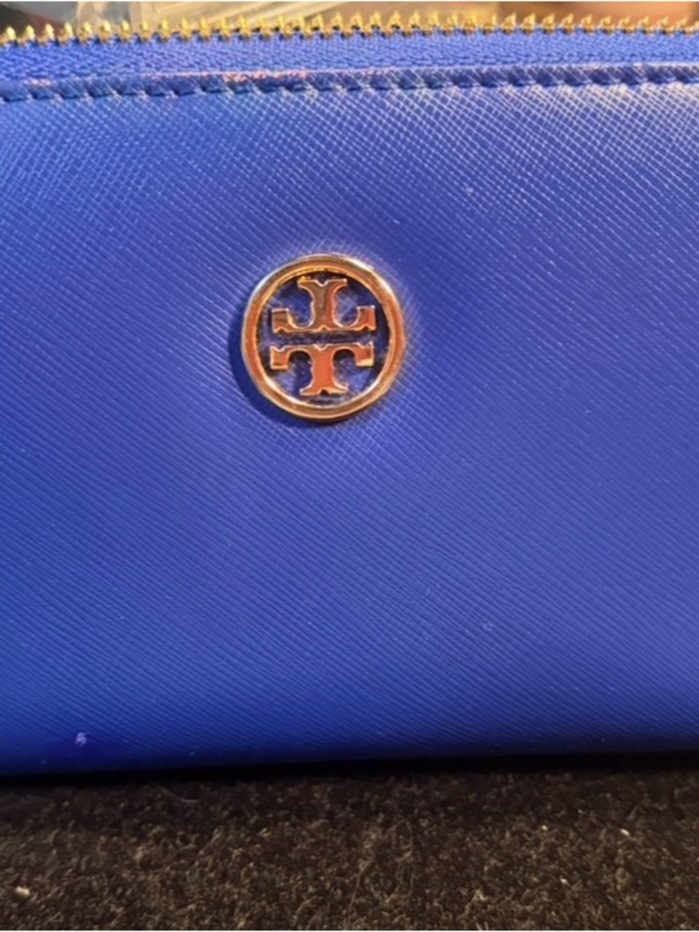 Tory Burch Royal Blue Saffiano Zip Wallet with Gold Logo